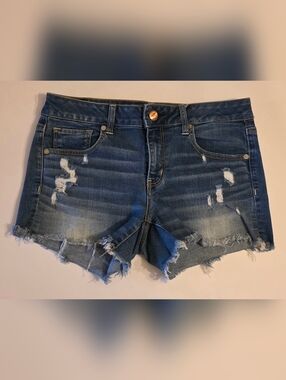 American Eagle Super Stretch Midi Shorts Womens 10 Cutoffs Distressed Denim EUC